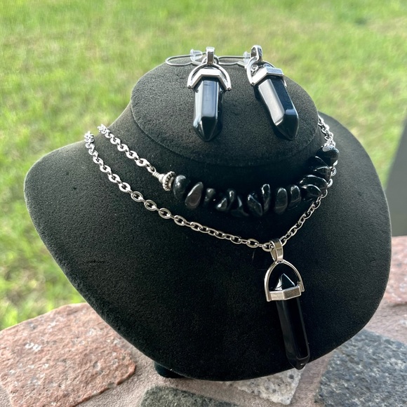 Set ! Black obsidian bullet necklace + mayching dangly earrings goth boho celtic - Picture 8 of 14